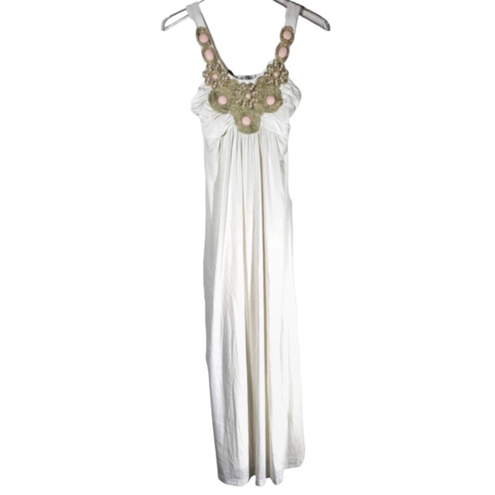 Moa Moa White Maxi Dress with Olive Crochet and Pink Accents
